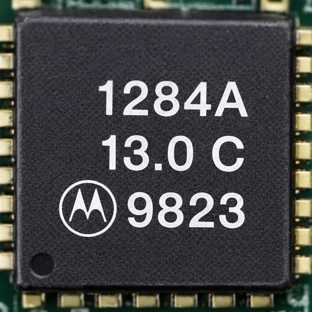 Motorola crystal oscillator chip with markings 1284A, 13.0 C, Motorola logo, and date code 9823